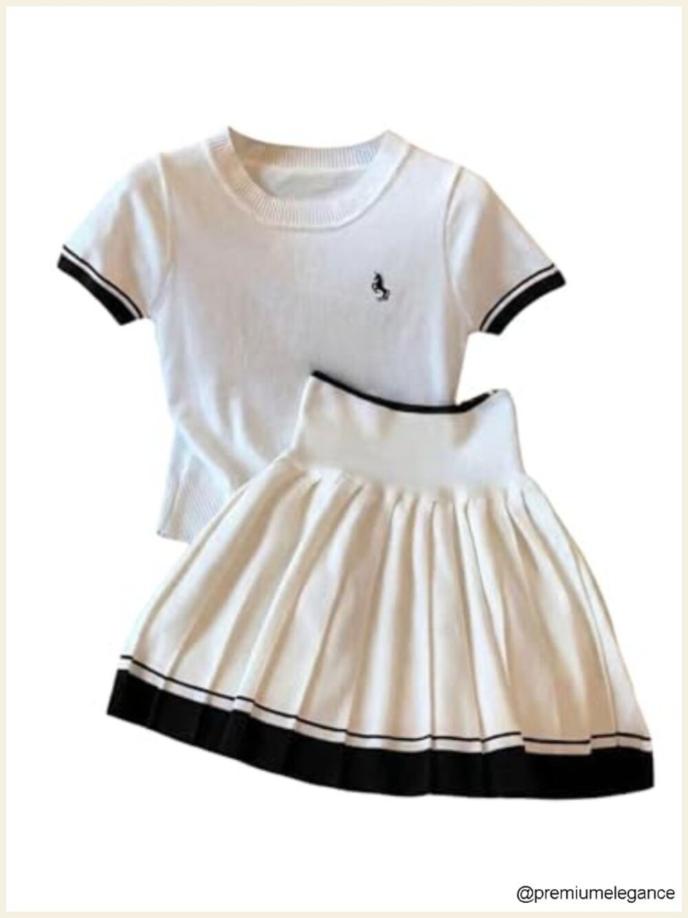Rib Knit Striped 2 Piece Outfit Short Sleeve Top Pleated Mini Skirt Set